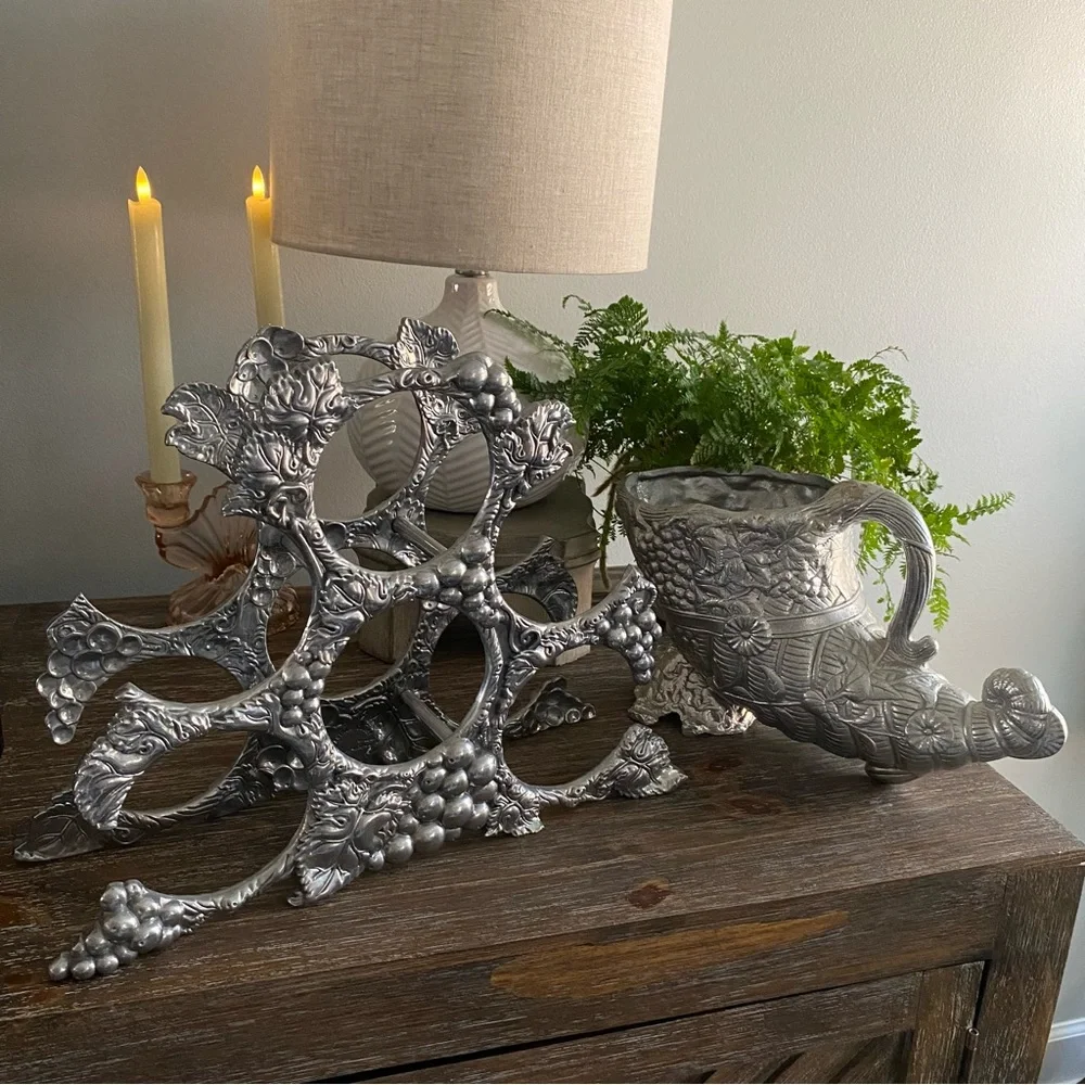 Vtg Arthur Court Wine Rack Grape Vine Cast Aluminum  Bottle Holder Silver